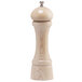 A wooden pepper mill with a silver top and white base.