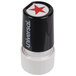 A Universal black round rubber stamp with a red star on it.