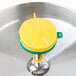 A T&amp;S stainless steel wall mounted face / eye wash station with a yellow and green lid.