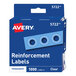 A blue box of Avery clear hole reinforcement labels with white text and blue circles.