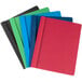 A group of Universal Office assorted color leatherette report covers with clear covers and prong fasteners.