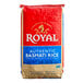 A red, white, and blue bag of Royal Basmati Rice.