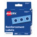 A blue package of Avery clear hole reinforcement labels with white text and blue circles.
