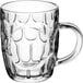 A clear glass Acopa beer mug with a dimple design and a handle.