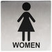 A Tablecraft stainless steel women's restroom sign with a black silhouette of a woman on a white background.
