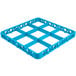 A blue plastic grid with nine compartments and holes.
