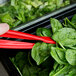 A person holding a pair of Thunder Group red tongs to a pile of spinach.