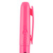 A close-up of a Universal fluorescent pink pen with a black pocket clip.