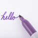 Hello written with a Sharpie purple marker.