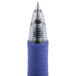 The blue and silver tip of a Pilot G2 pen.