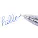A close-up of a blue Pilot G2 pen with the word "hello" written in fine point gel ink.