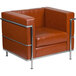 A brown leather Flash Furniture Hercules Regal chair with metal legs.