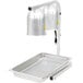 A silver Avantco free standing heat lamp with a rectangular metal tray and wire mesh.