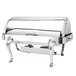 A silver rectangular stainless steel Queen Anne chafing dish with a roll top lid and legs.