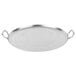 A round hammered stainless steel griddle with handles.