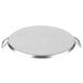 An American Metalcraft round stainless steel griddle with a hammered texture and two handles.