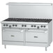 A stainless steel U.S. Range commercial gas range with 10 burners and 2 ovens.