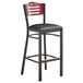 A Lancaster Table & Seating black bistro bar stool with a black vinyl seat and mahogany wood back.