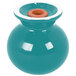 A turquoise salt shaker with a white lid.