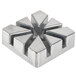 A silver metal wedge push block with a triangle design.