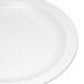 A close up of a white Carlisle polycarbonate plate with a narrow white rim.