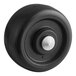 A black wheel with a silver round metal knob.