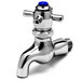 A silver T&S mop sink faucet with blue index and handle.