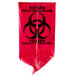 A red high density plastic bag with black biohazard symbols and text.