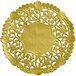A close-up of a 4" gold foil lace doily with intricate designs.