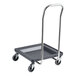 A gray dish rack and glass rack dolly with a 36-inch metal handle and four swivel casters.