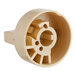 A beige plastic round knob with a circular hole.