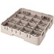 A beige plastic Cambro glass rack with 16 compartments and 3 extenders.