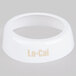 A white plastic Tablecraft salad dressing dispenser collar with beige lettering that says "Lo-Cal"