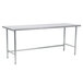 A long silver rectangular Advance Tabco stainless steel work table with metal legs.