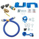 A blue and gold Dormont gas connector kit with blue flexible hose and fittings.