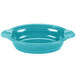A turquoise oval casserole dish with handles.