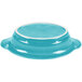 A turquoise oval casserole dish with white trim.