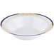 A white bowl with blue and gold trim.