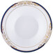 A white Fineline disposable bowl with blue and gold trim.