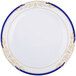 A Fineline white plastic dinner plate with blue and gold trim.