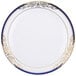 A Fineline white plastic salad plate with blue and gold trim.