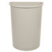 A beige plastic half round Rubbermaid trash can with a lid.