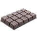 A brown 15-cavity candy tray for chocolate bars with squares.