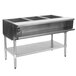 A stainless steel Eagle Group natural gas steam table with three sealed wells on stainless steel legs.