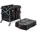 A black bag and a black Rubbermaid laundry cart.