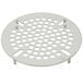 A round metal strainer basket with holes.