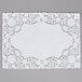 A 10" x 14" white floral lace paper placemat with a white doily design.
