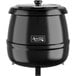 An Avantco black soup kettle with a lid on top.