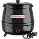 An Avantco black soup kettle with a cord attached.