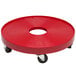 A red plastic DeVault keg dolly wheel with a hole in the middle.